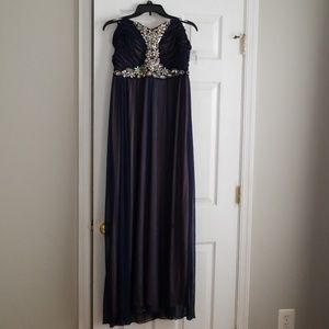 Navy Strapless Mesh Evening Gown